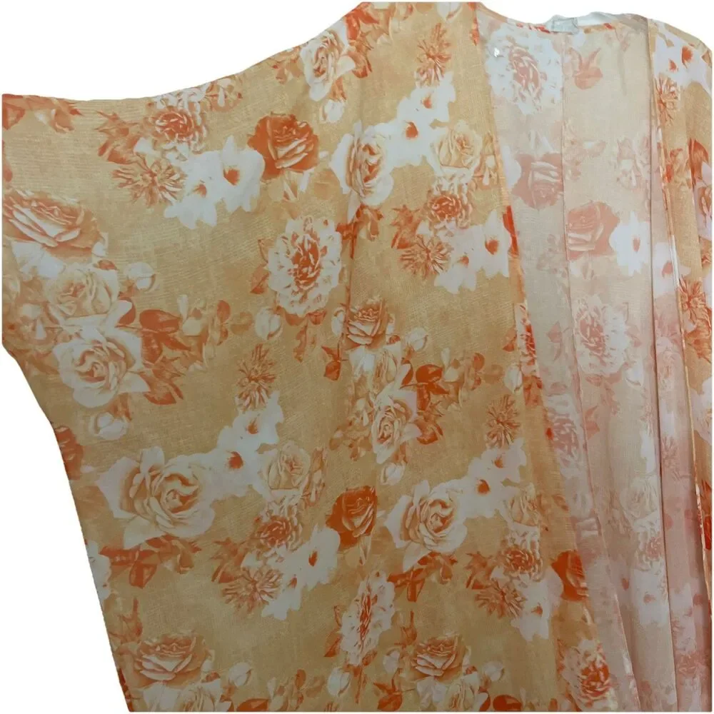 Peach Love California Duster Swim Suit Cover Up Yellow Orange White Sheer Kimono